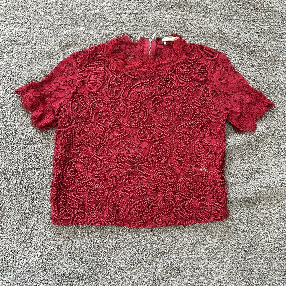 Zara Trafaluc Red Lace Corded Short Sleeve Blouse‎ Top Exposed Back Zipper Small